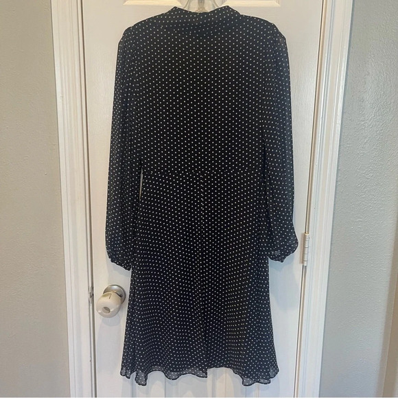 DKNY Navy Blue Polka Dot Collared Fit & Flare Long Sleeve Midi Dress Sz 6 - Picture 2 of 10